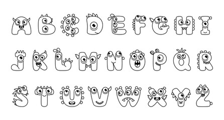 Monster alphabet coloring page book. Coloring page english alphabet for children with funny and sad monsters. Funny alphabet of cartoon characters vector font letters of comic monster creature faces
