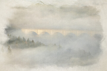 Digital watercolour painting of a Bamford Edge sunrise cloud inversion in the Peak District, UK.