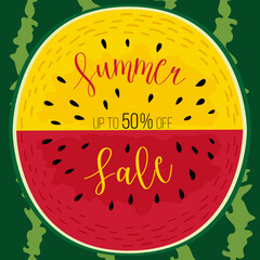 Vector discount banner with watermelon slices, seeds with text. Vector summer illustration for poster, banner, discount advertising.