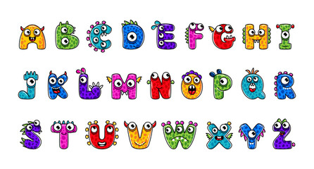 English alphabet with funny monsters, faces and eyes. Set of Monster cut aphabet with English letter. Colorful cartoon children Education and development of children detailed colorful Illustrations