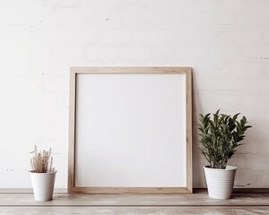wooden frame mockup in warm neutral minimalist Rustic interior with dried plants, leaves and decor items on empty white wall background.