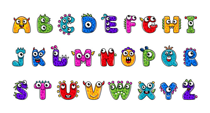 English alphabet with funny monsters, faces and eyes. Set of Monster cut aphabet with English letter. Colorful cartoon children Education and development of children detailed colorful Illustrations
