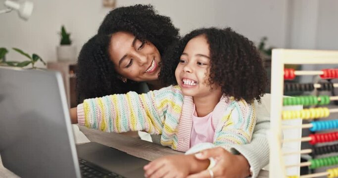 Laptop, education and mother with kid in home for online learning, educational games and numbers abacus. Family, child development and happy mom and girl on computer for lesson, class and math toys