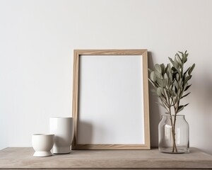 wooden frame mockup in warm neutral minimalist Rustic interior with dried plants, leaves and decor items on empty white wall background.