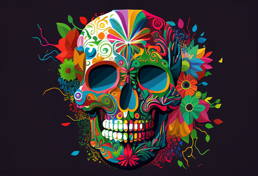 colorful mexican skull painted with mexican patterns, generative AI