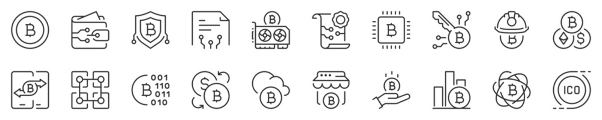 Crypto currency thin line icon set. Symbol collection in transparent background. Editable vector stroke. 512x512 Pixel Perfect.