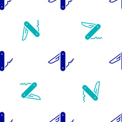 Blue Swiss army knife icon isolated seamless pattern on white background. Multi-tool, multipurpose penknife. Multifunctional tool. Vector