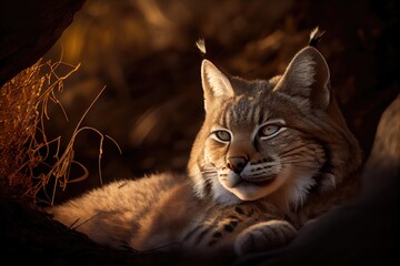 Obraz na płótnie Canvas bobcat lying in sunbeam, enjoying the warmth, created with generative ai