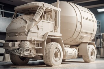 Plakat Concrete mixer truck in the side of industrial 3D printer which printing house. 3D rendering image. Generative AI