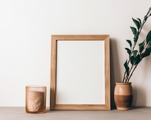 wooden frame mockup in warm neutral minimalist Rustic interior with dried plants, leaves and decor items on empty white wall background.