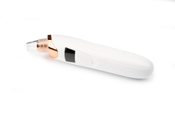 Cosmetic procedure at home, woman cleaning face with vacuum blackhead remover. Blackhead remover vacuum pore cleaner for clear skin modern cosmetology device, acne treatment.