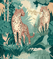 Seamless pattern Leopards on the background of the tropics.  - 586123924