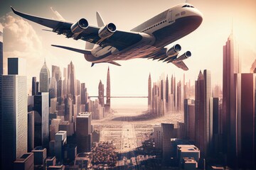 cargo plane flies over a city, with modern high-rise buildings in the background, created with generative ai