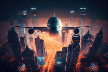 cargo plane flying over modern metropolis, with the city lights shining below, created with generative ai