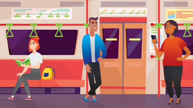 Concept Metro with people scene in the background cartoon style. Boy takes the subway to get to his destination faster. Vector illustration.