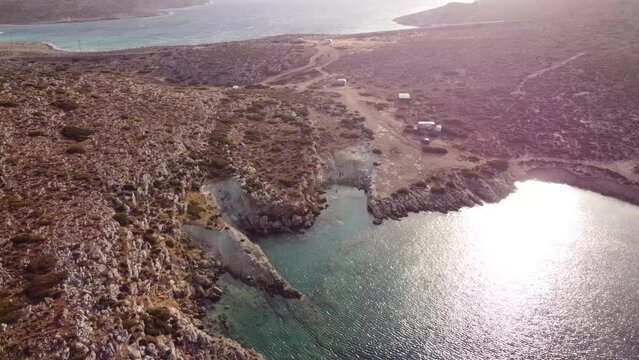 Aerial drone view of amazing Tendopoula beach, Crete, Greece. Drone shots of nature above Tendopoula beach in  Kyriamadi Natural Park, Crete, Greece