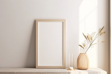 wooden frame mockup in warm neutral minimalist Rustic interior, dried plants, leaves and decor items on empty white wall background.
