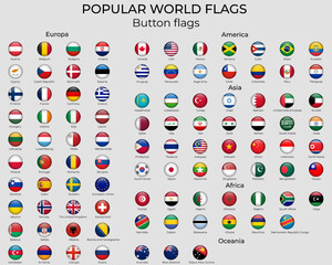 Vector round flags of the world. Button flags. Official RGB coloring. Popular world flags set.