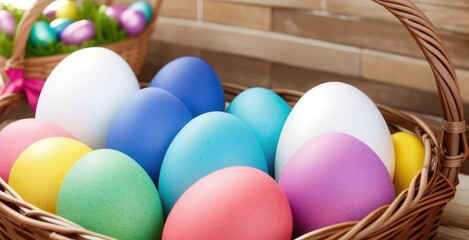 Fototapeta na wymiar Colorful Easter Eggs in a Basket, Easter Holiday, Easter Decorations, Easter Background