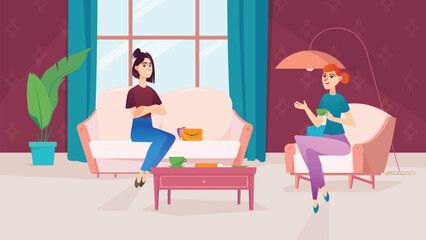 Friends concept with people scene in the background cartoon design. Two friends gathered to chat and spend time together. Vector illustration.