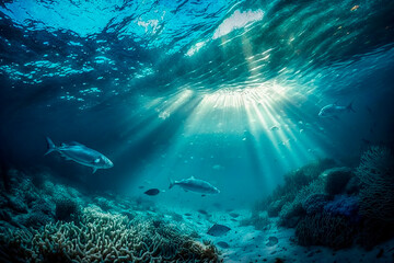 Fototapeta premium The underwater world in the ocean with fish corals and algae at the bottom of the sea in the sunlight underwater. Marine flora and fauna. Generative AI.