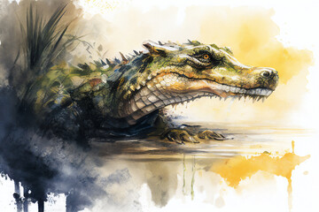 Crocodile head portrait in an Aquarelle abstract watercolour painting which could be used as an reptile poster or flyer, computer Generative AI stock illustration image