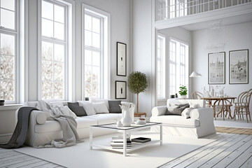 White living room interior design wall. Architecture modern home 3D Rendering house wall furniture of Generative Ai.