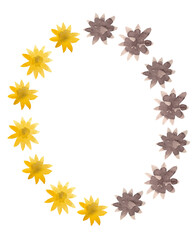Floral frame. Oval shape. Isolated illustration. Composition of a range of yellow and brown flowers