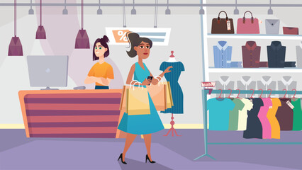 Shopping concept with people scene in the background cartoon style. Woman chooses new clothes with a discount on the store. Vector illustration.