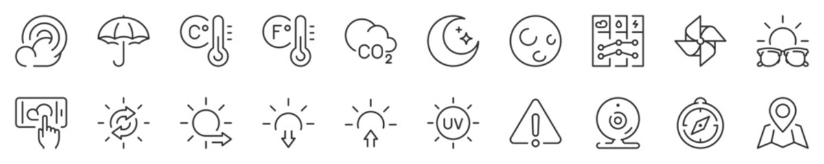 Weather thin line icon set 2 of 2. Symbol collection in transparent background. Editable vector stroke. 512x512 Pixel Perfect.