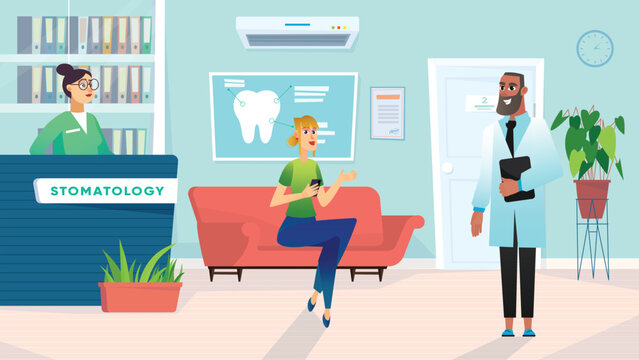 Dentistry concept with people scene in the background cartoon design. Woman is waiting in the corridor of dentistry for an appointment with a doctor. Vector illustration.