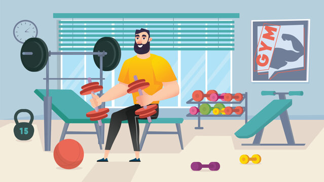 Fitness gym concept with people scene in the background cartoon style. Man does exercises with dumbbells to pump up his body. Vector illustration.