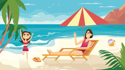 Beach concept with people scene in the background cartoon style. Mother sunbathes on the beach and watches her daughter play on the beach. Vector illustration.