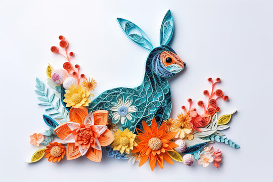 Easter rabbit in a cute paper quilling art design. White Background. 