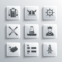 Set Flag of Iceland, Lupine flower, Viking head, Lighthouse, Map, Oars or paddles boat, Sweater and Ship steering wheel icon. Vector