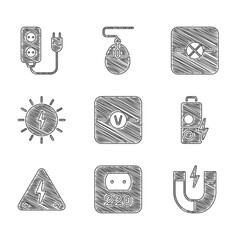 Set Voltmeter, Electrical outlet, Magnet, Battery charge, High voltage, Solar energy panel, Lamp in electronic circuit and extension icon. Vector