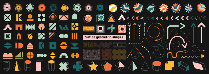 Collection of brutalist abstract geometric shapes: monoline elements, arrows, stars. Suitable for graphic design, posters, merch, and flyers. Vector.