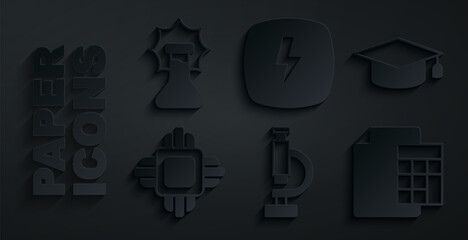 Set Microscope, Graduation cap, Processor CPU, Calculator, Lightning bolt and Explosion the flask icon. Vector