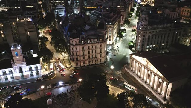 Buenos Aires City at Night Plaza de Mayo, Cabildo, Aerial Drone Above Cathedral Metropolitan Historic Landmark in Financial Downtown
