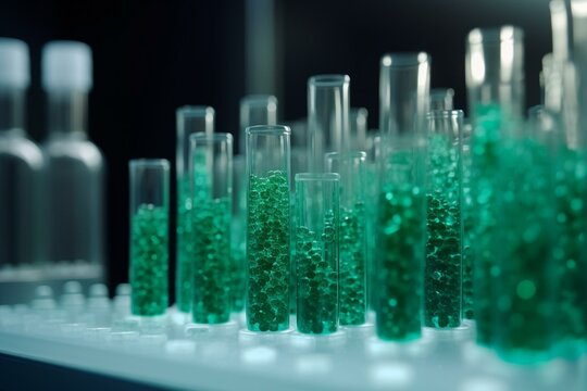 Green eco-friendly plastic granules in test tubes, being studied in a laboratory. Generative AI
