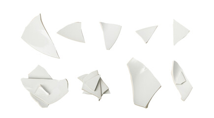 Broken Plate Isolated, White Ceramic Pieces, Smashed Bowl, Stress Concept, Porcelain Shards on White