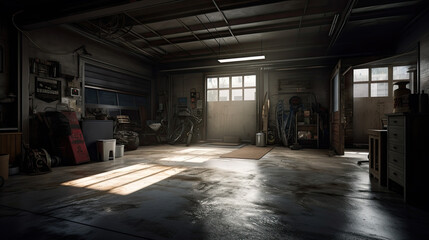 Generative AI of an empty garage interior with lots of tools and equipment