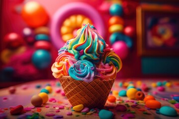 Fototapeta na wymiar Whimsical Rainbow Ice cream Cone on a Rainbow Candy Land Fantasy background - Generative AI Illustration