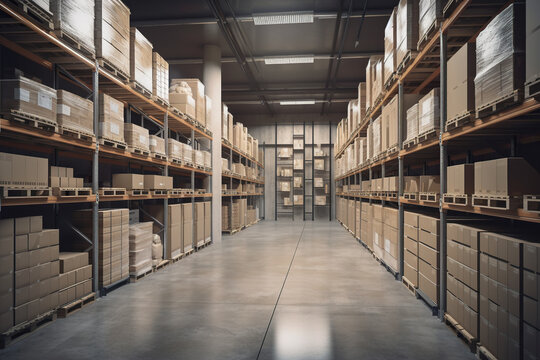Warehouse interior with shelves and rows of boxes. Generative AI