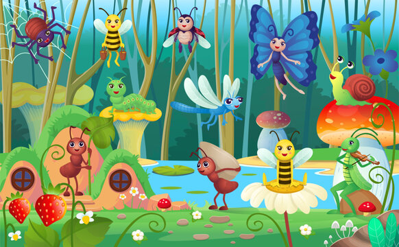 Set of insects, background for children in cartoon style.Scene of insects butterfly, snail, caterpillar, spider, ants, dragonfly, grasshopper, bee, ladybug in the forest. Insects living together.