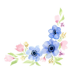 Watercolor blue flower anemone wreath frame. Blue anemones botanical illustration with leaves and spring flowers. Greeting cards floral template