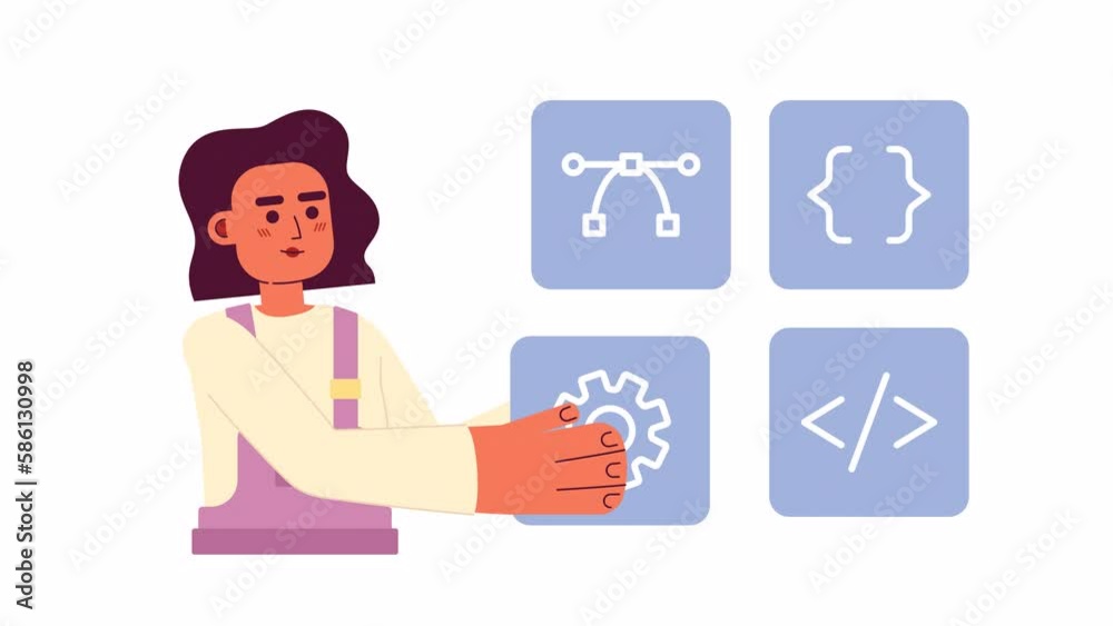 Poster animated website builder. female programmer developer. web construction. 2d cartoon flat character 4