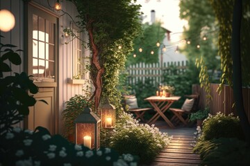 Obraz na płótnie Canvas bright summer evening with light illuminated greenery in cute cozy backyard, created with generative ai