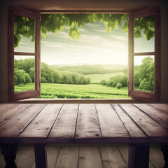 room with window and fence a view, empty wooden table, mockup for product