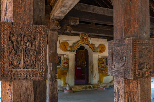 Wooden ornaments at the Embekka temple near Kandy, Sri Lanka